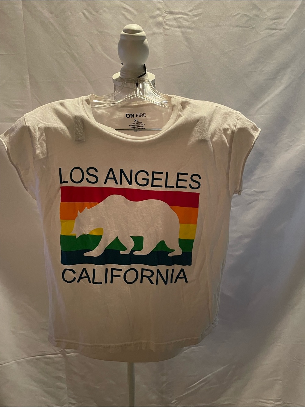 On Fire White Los Angeles California Rainbow Bear Graphic Tee